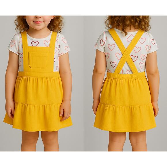 Adorable!  - Cat & Jack 2-Piece Yellow Gauze Bib Dress & Heart Top Set Size 4T - Picture 1 of 9